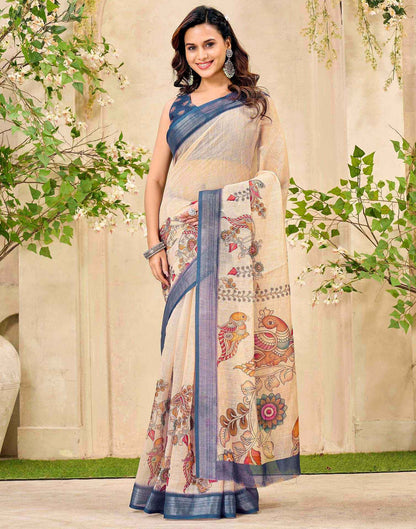 Beige Cotton Printed Saree