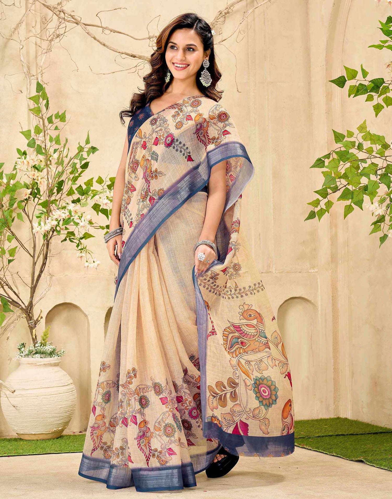 Beige Cotton Printed Saree