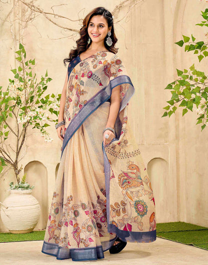 Beige Cotton Printed Saree