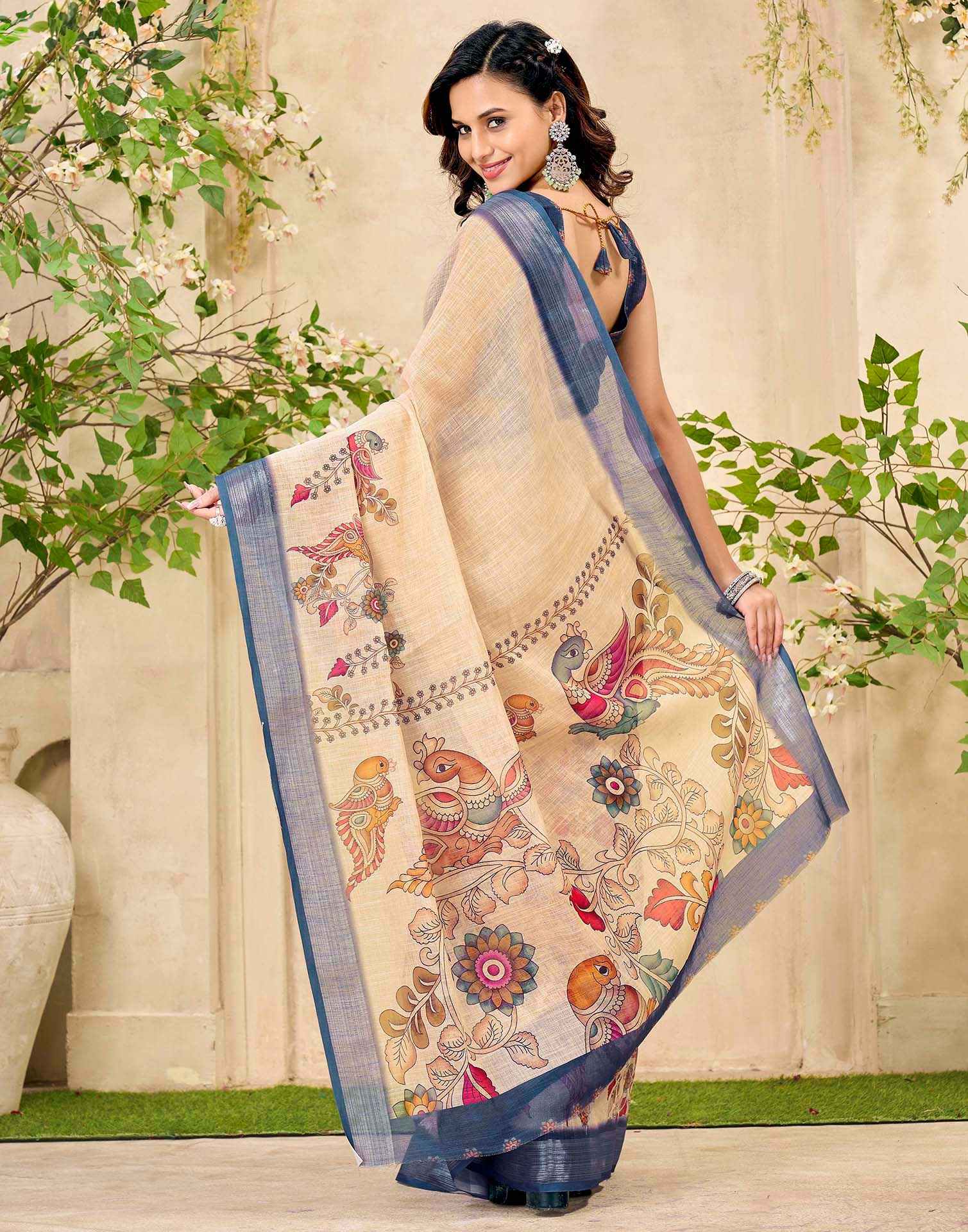 Beige Cotton Printed Saree