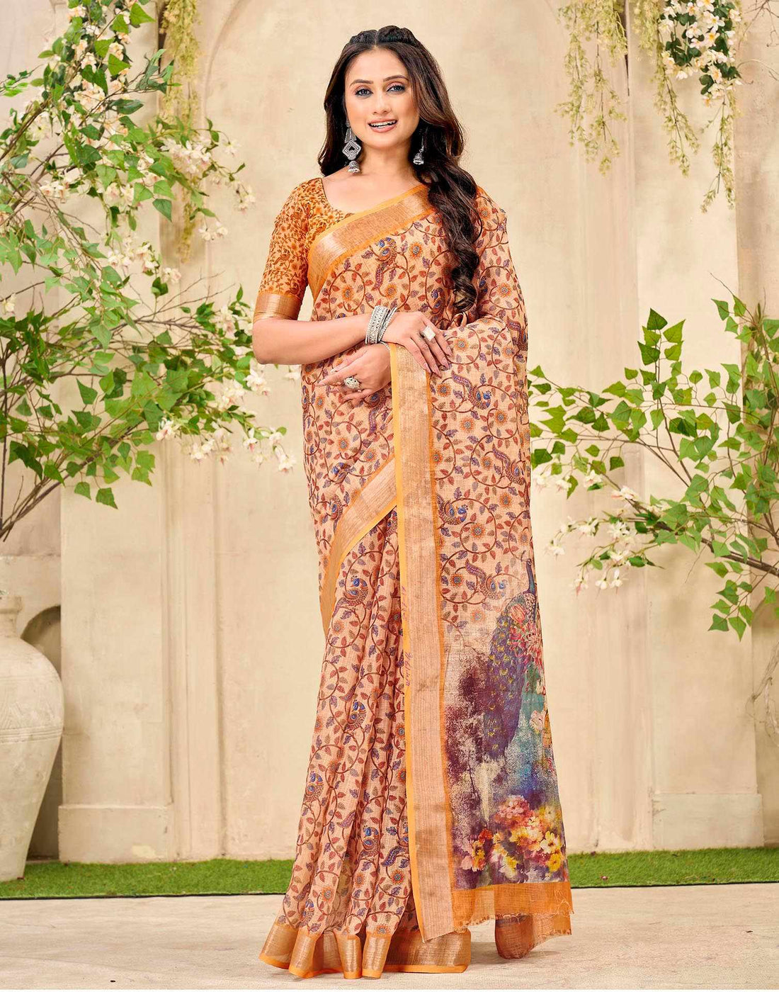 Peach Cotton Printed Saree