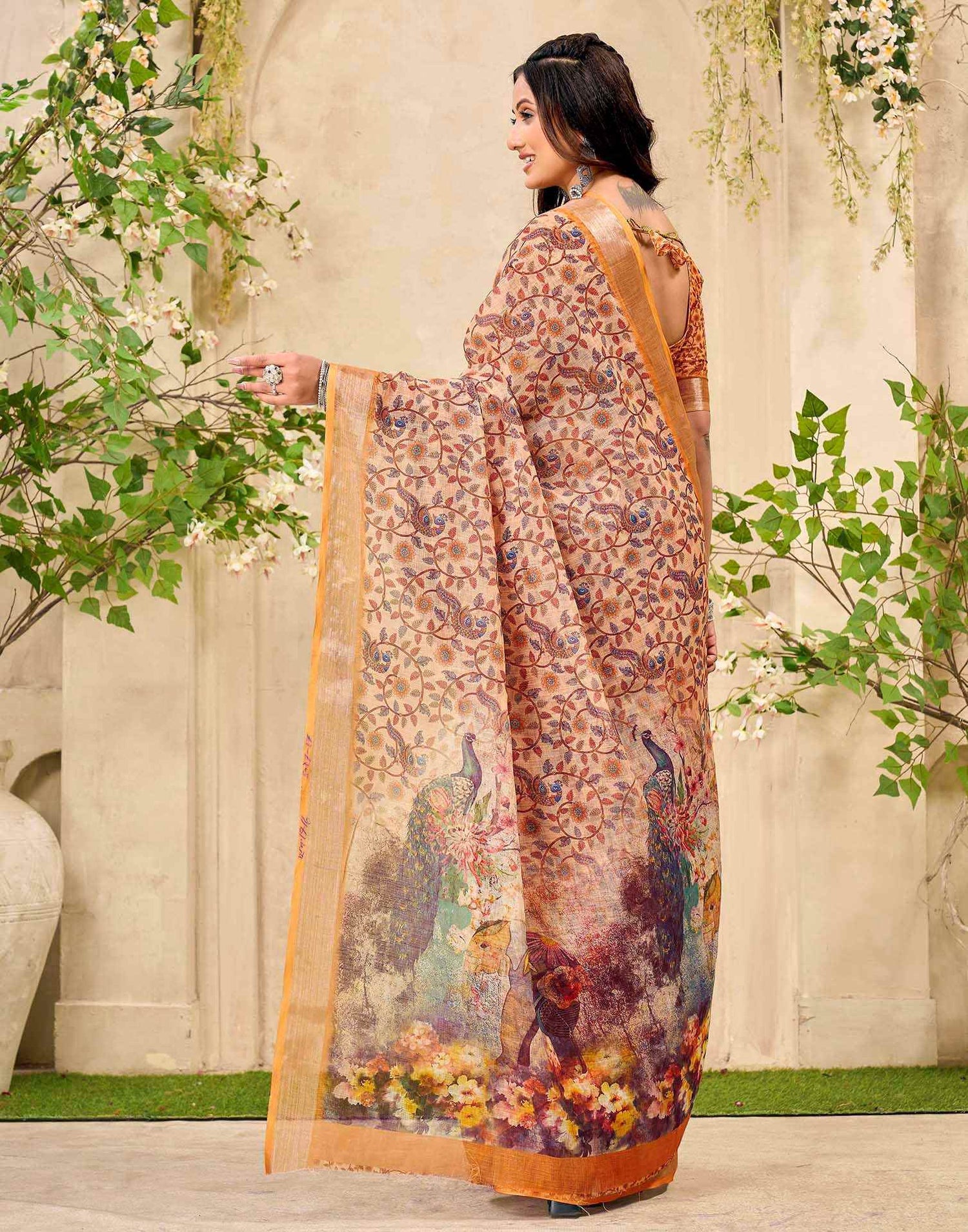 Peach Cotton Printed Saree