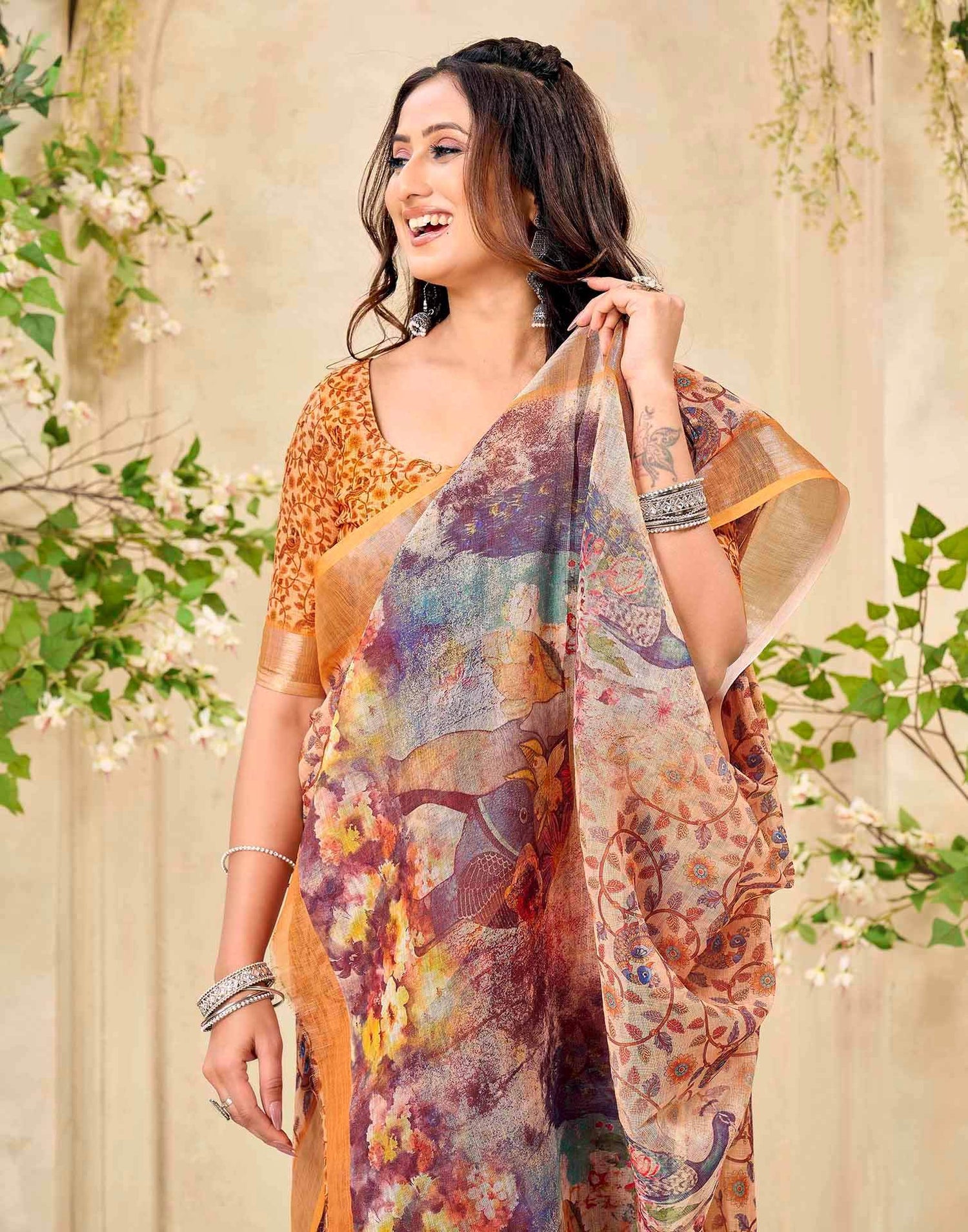 Peach Cotton Printed Saree
