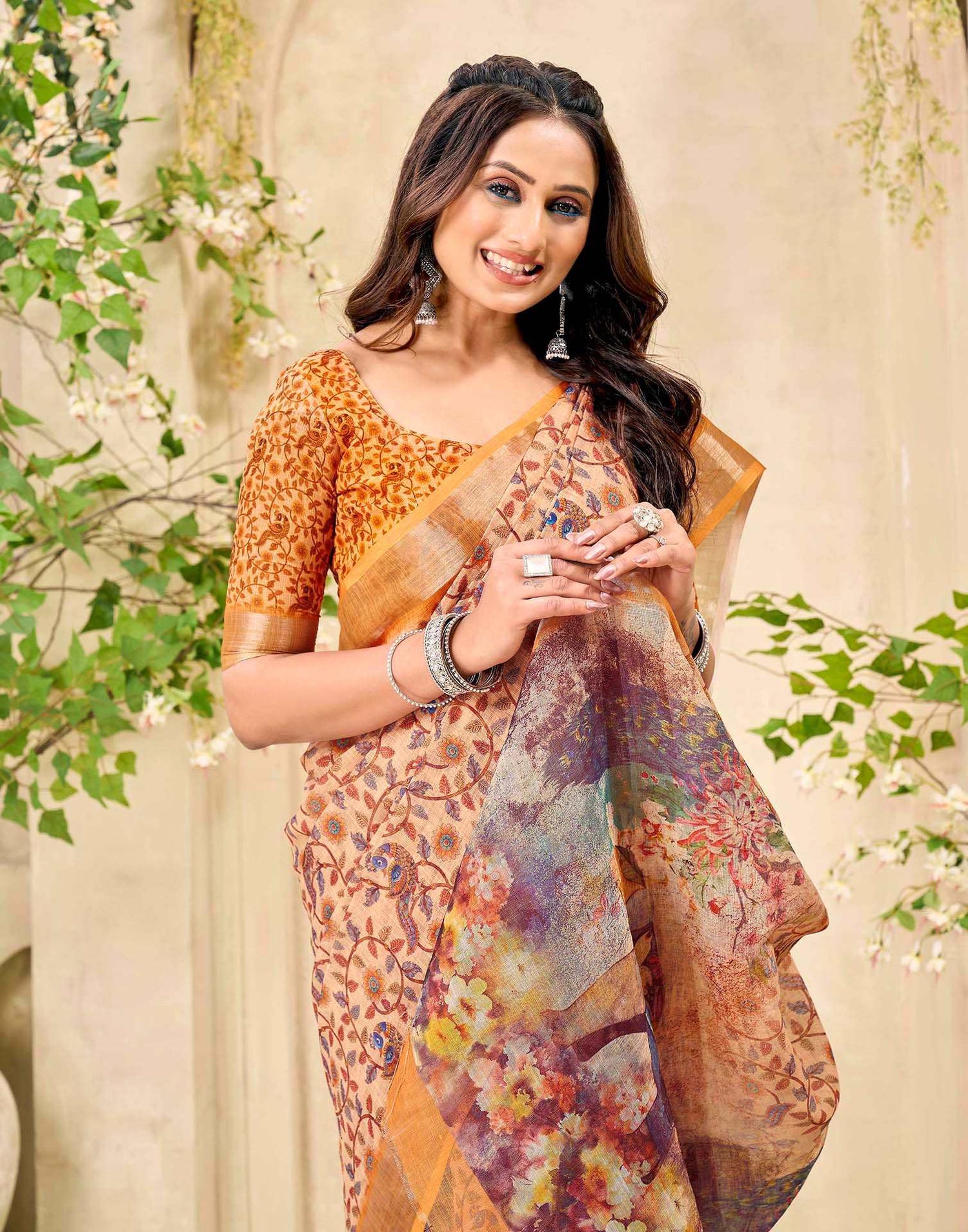 Peach Cotton Printed Saree