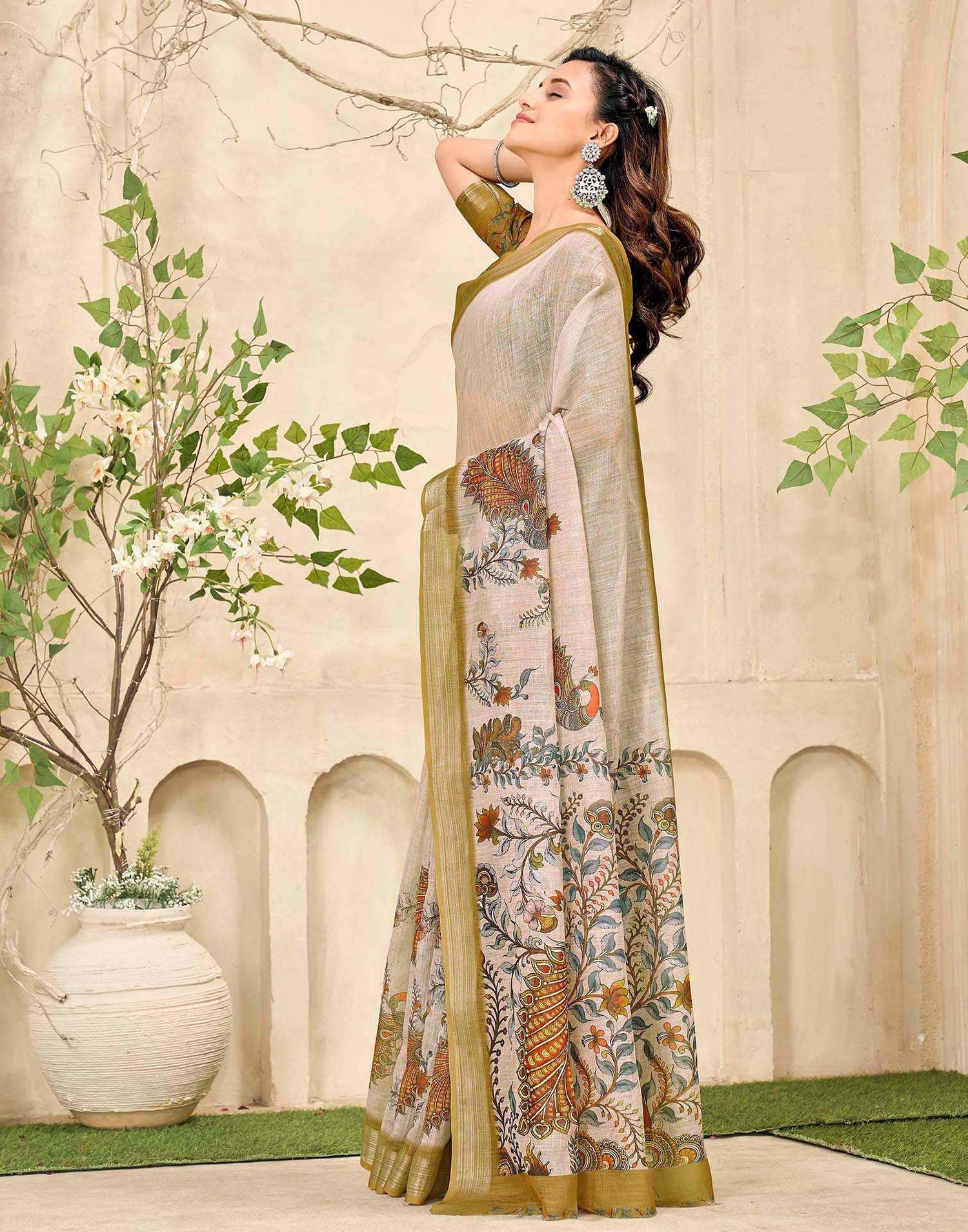 Beige Cotton Floral Printed Saree