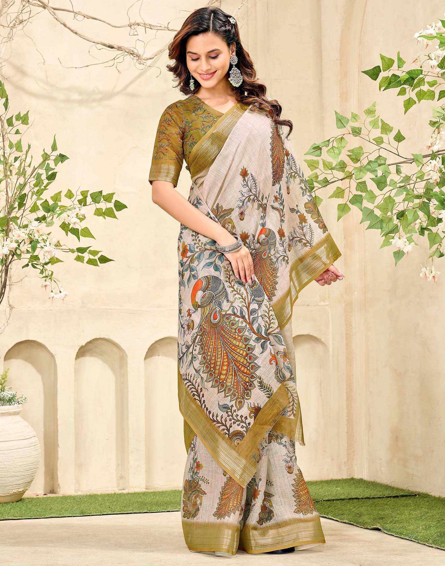 Beige Cotton Floral Printed Saree
