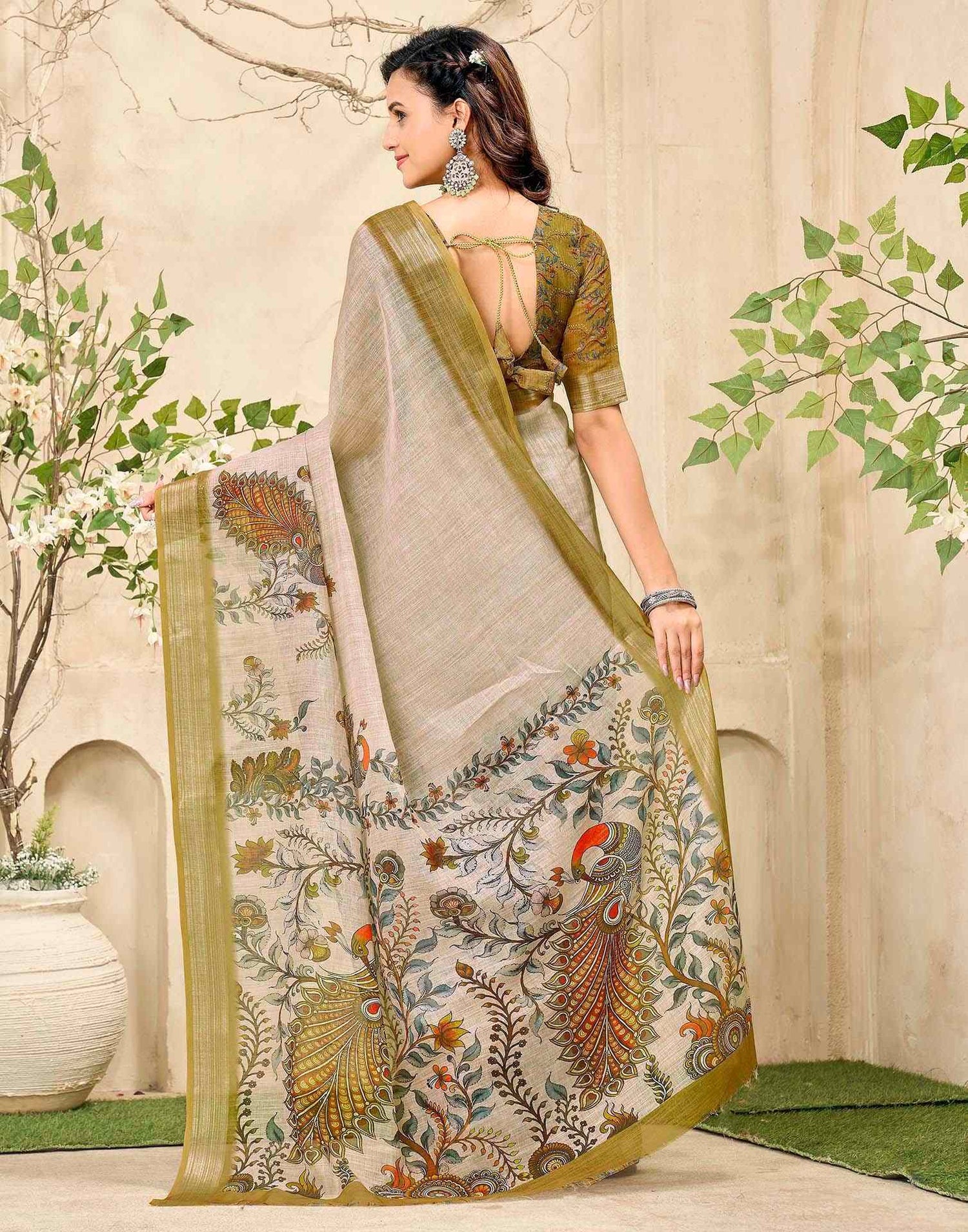 Beige Cotton Floral Printed Saree