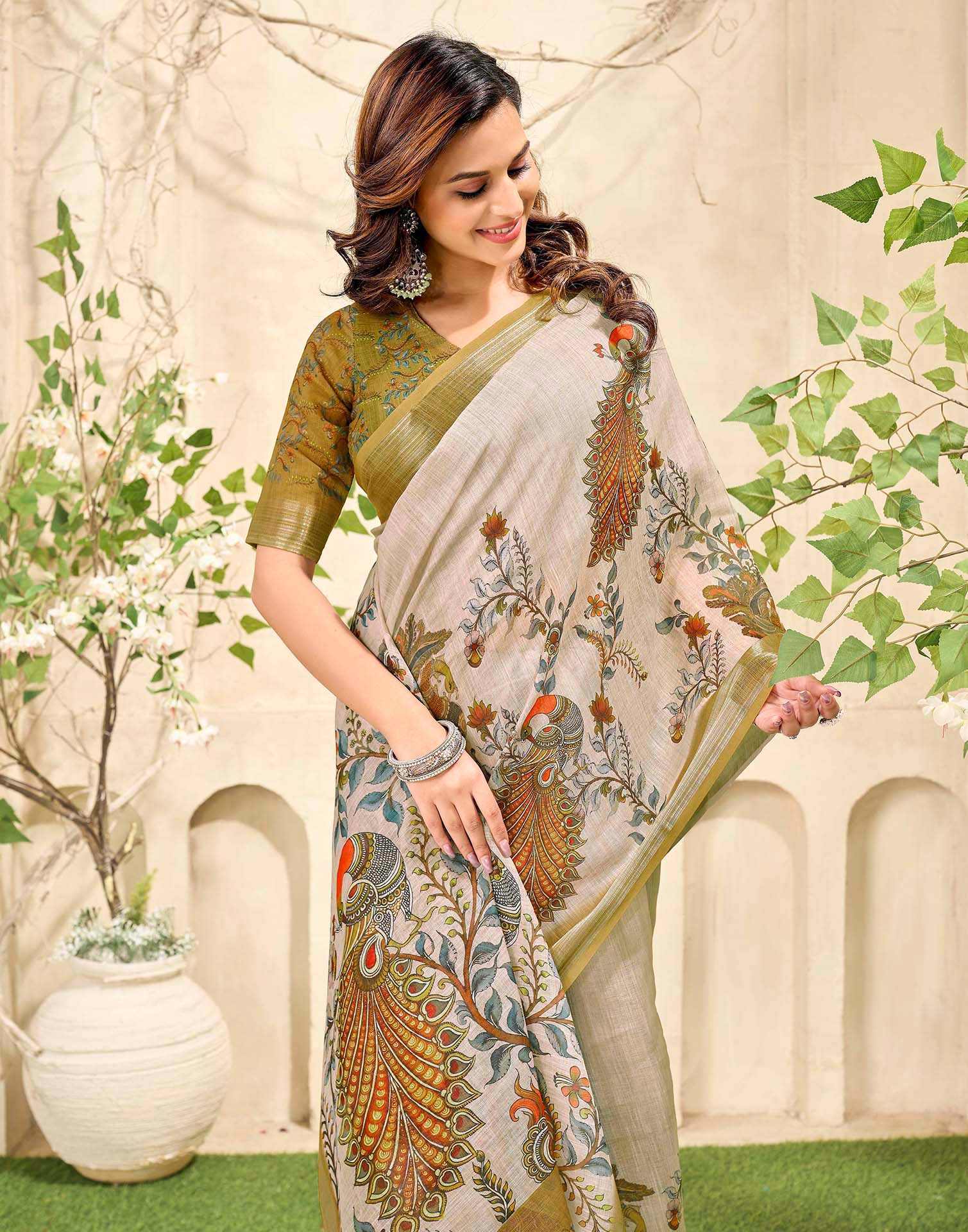 Beige Cotton Floral Printed Saree