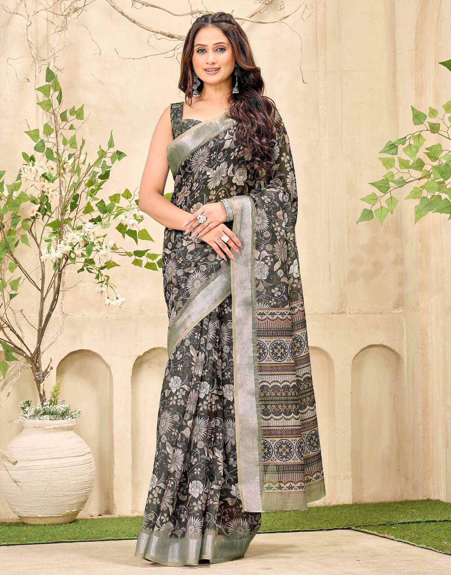 Grey Cotton Floral Printed Saree