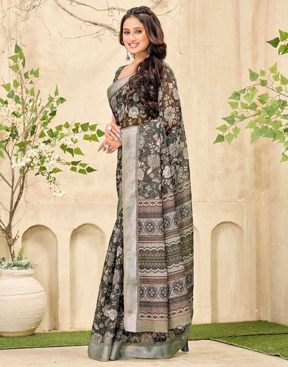 Grey Cotton Floral Printed Saree