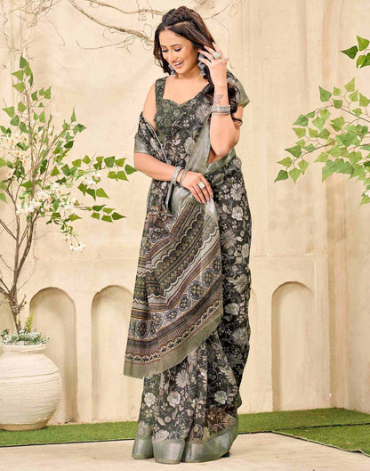 Grey Cotton Floral Printed Saree