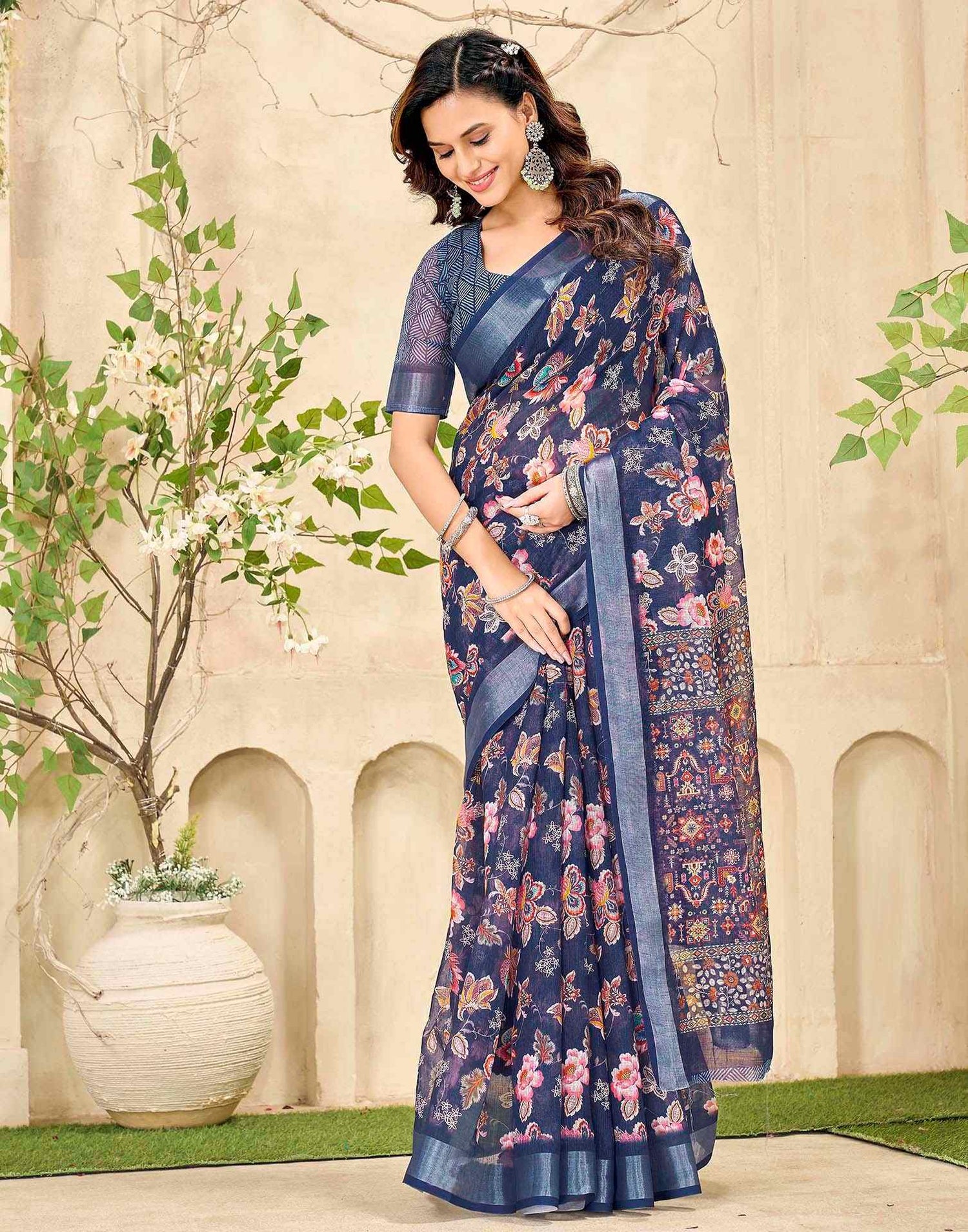 Navy Blue Cotton Floral Printed Saree