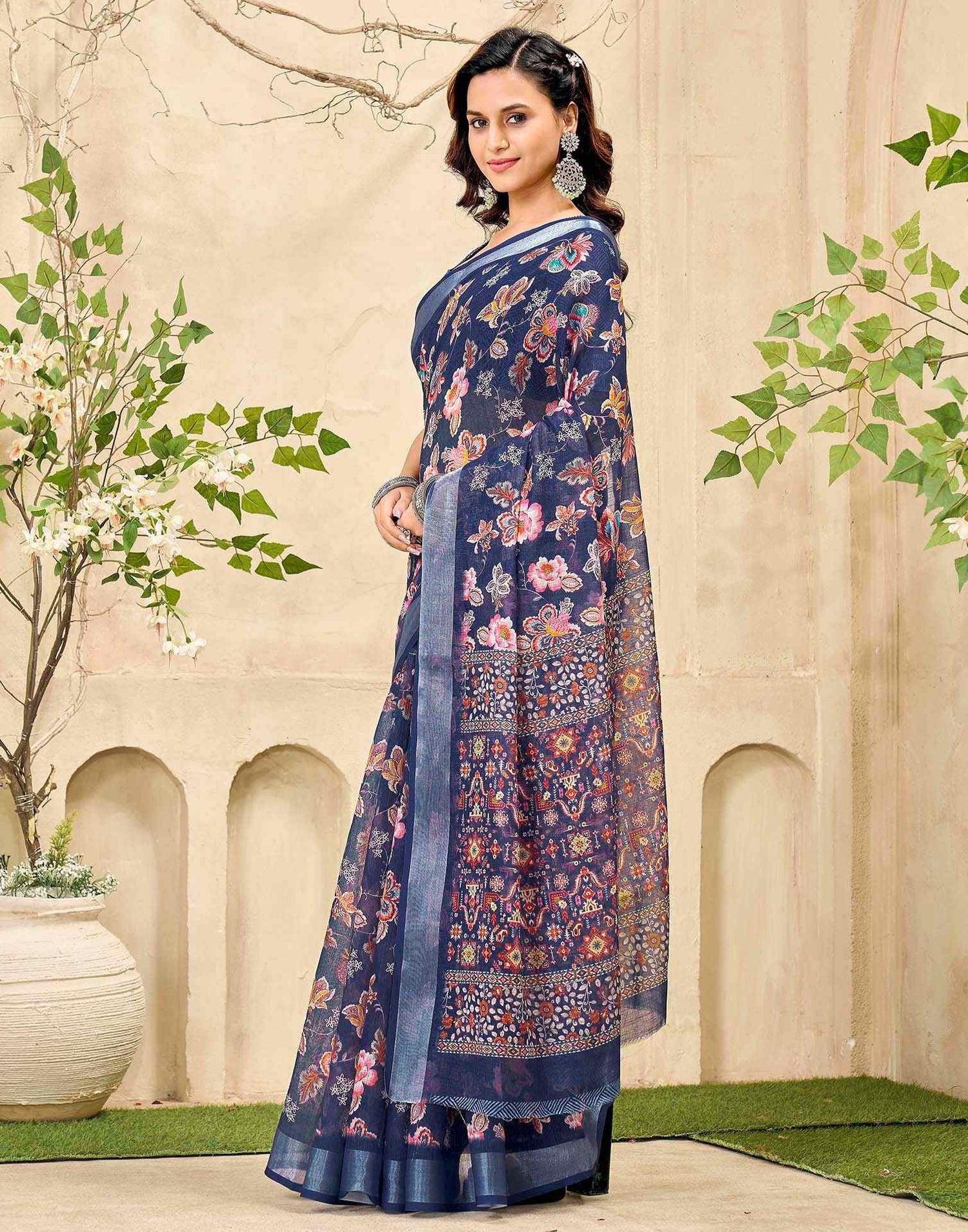 Navy Blue Cotton Floral Printed Saree