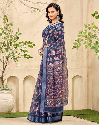 Navy Blue Cotton Floral Printed Saree