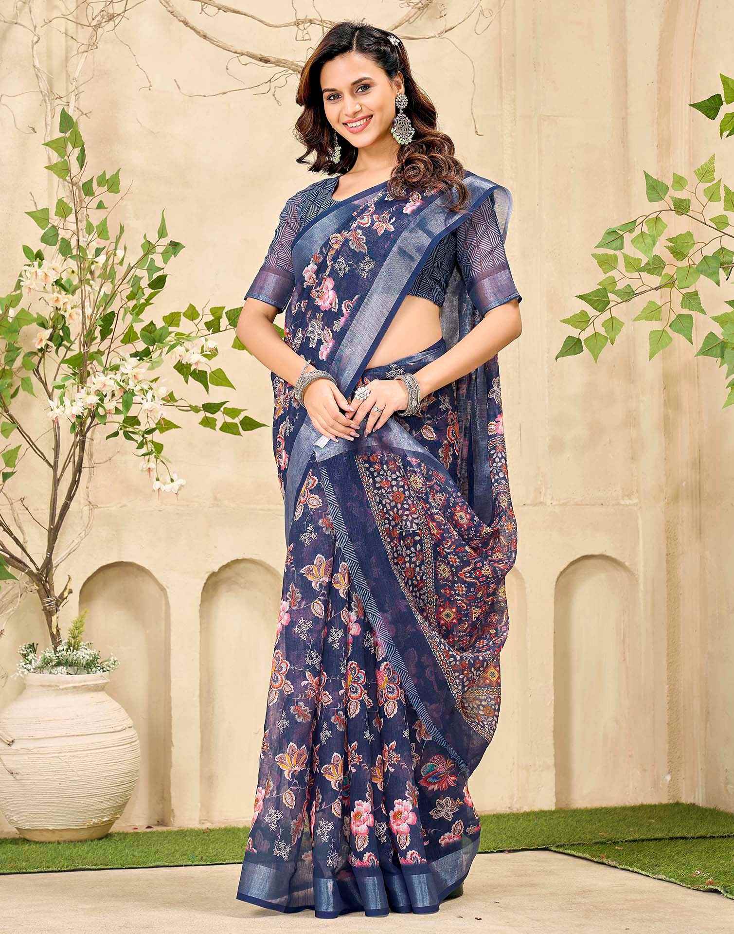 Navy Blue Cotton Floral Printed Saree