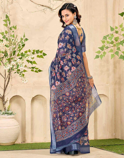 Navy Blue Cotton Floral Printed Saree