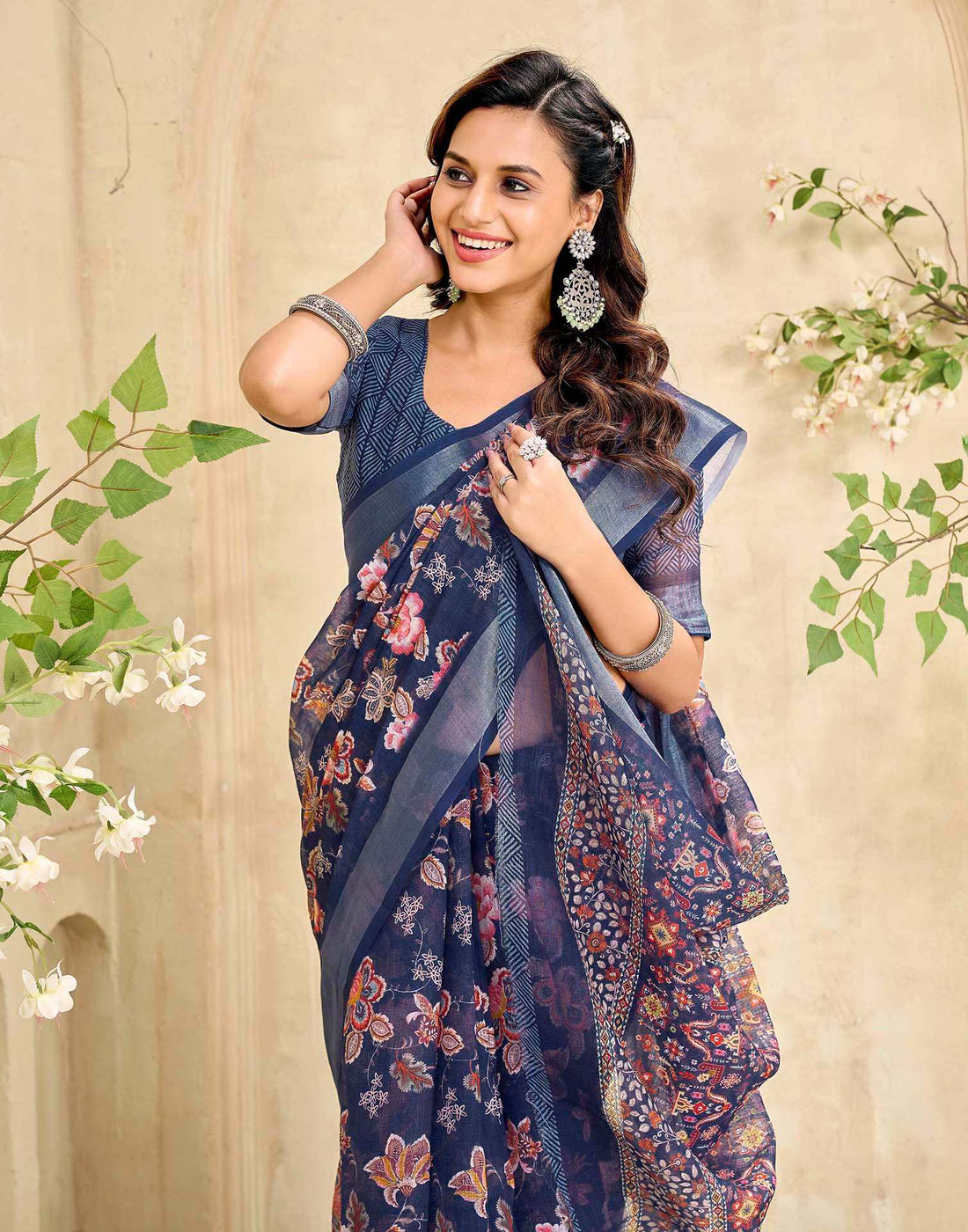 Navy Blue Cotton Floral Printed Saree