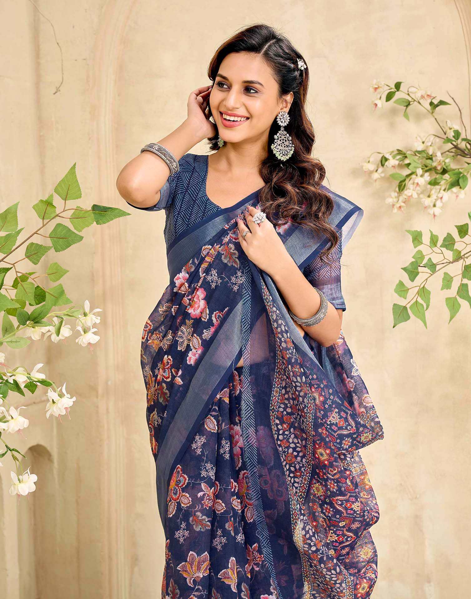 Navy Blue Cotton Floral Printed Saree