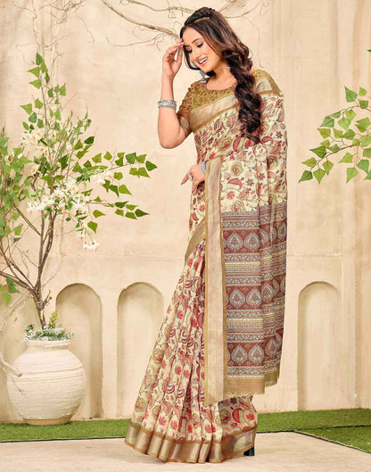 Beige Cotton Printed Saree