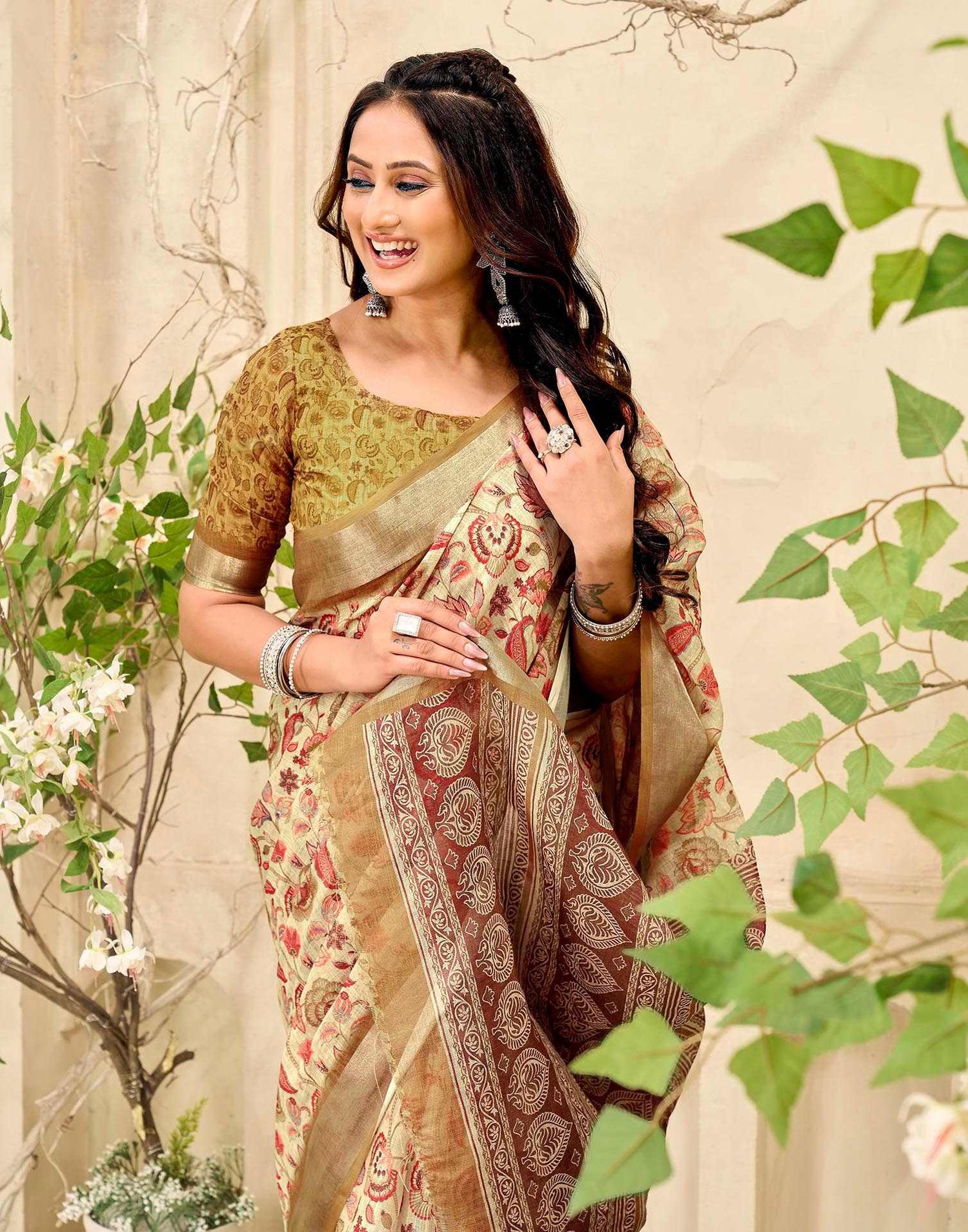 Beige Cotton Printed Saree