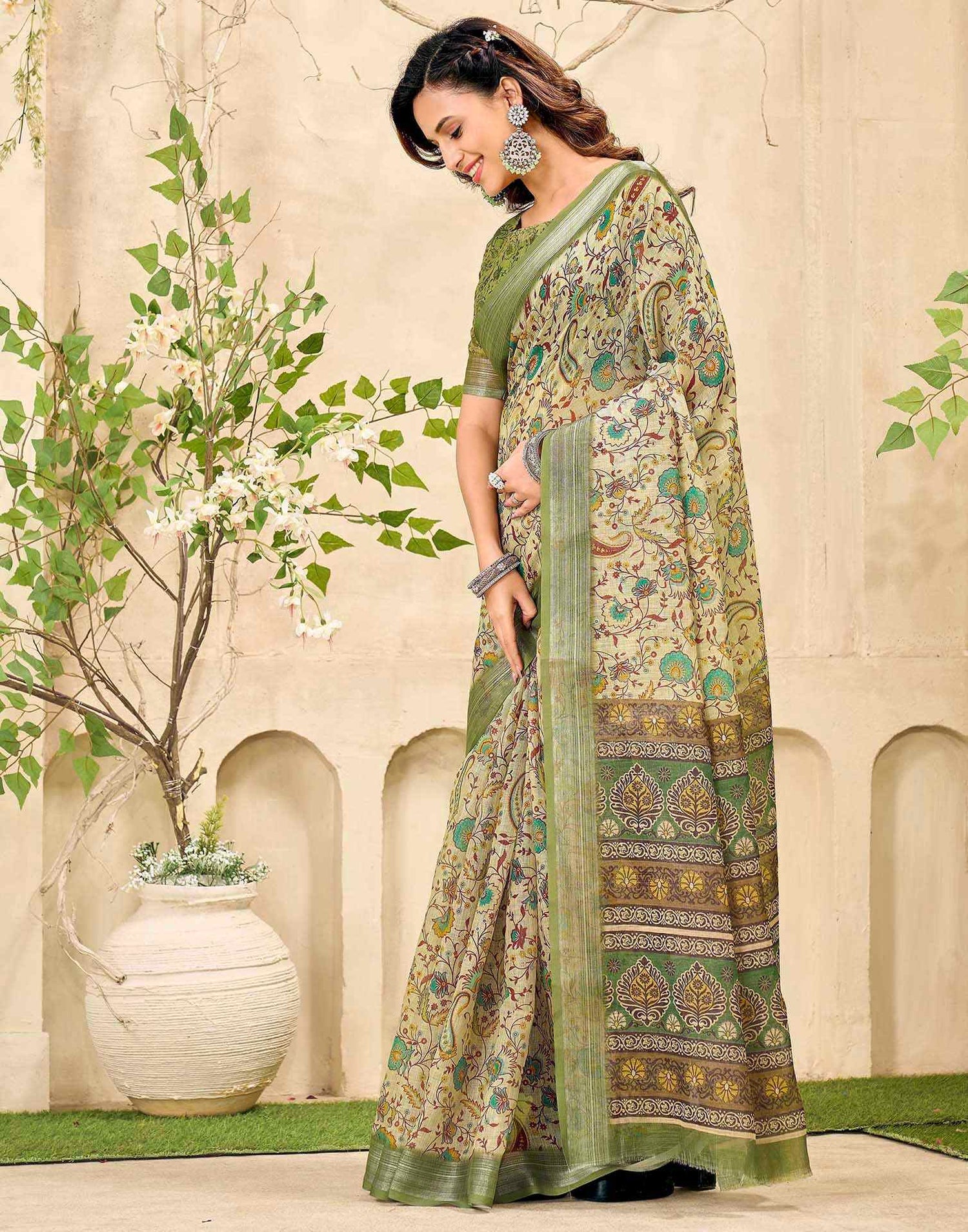 Dusty Pista Green Cotton Printed Saree