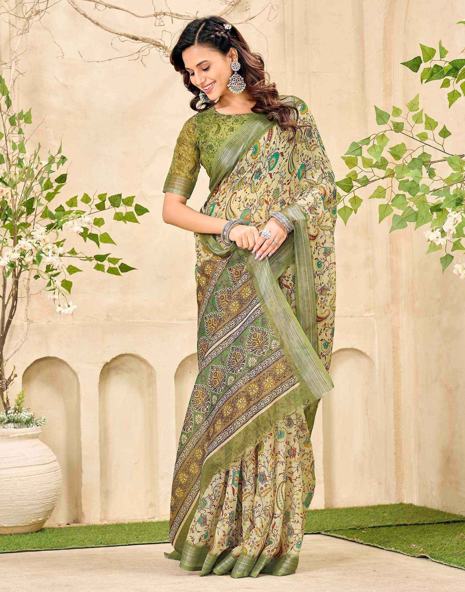Dusty Pista Green Cotton Printed Saree