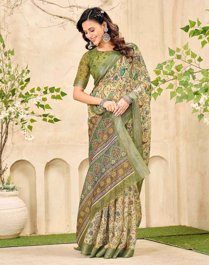 Dusty Pista Green Cotton Printed Saree