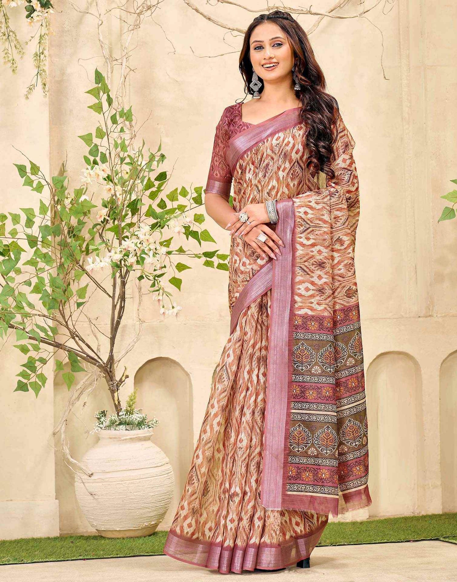 Peach Cotton Printed Saree