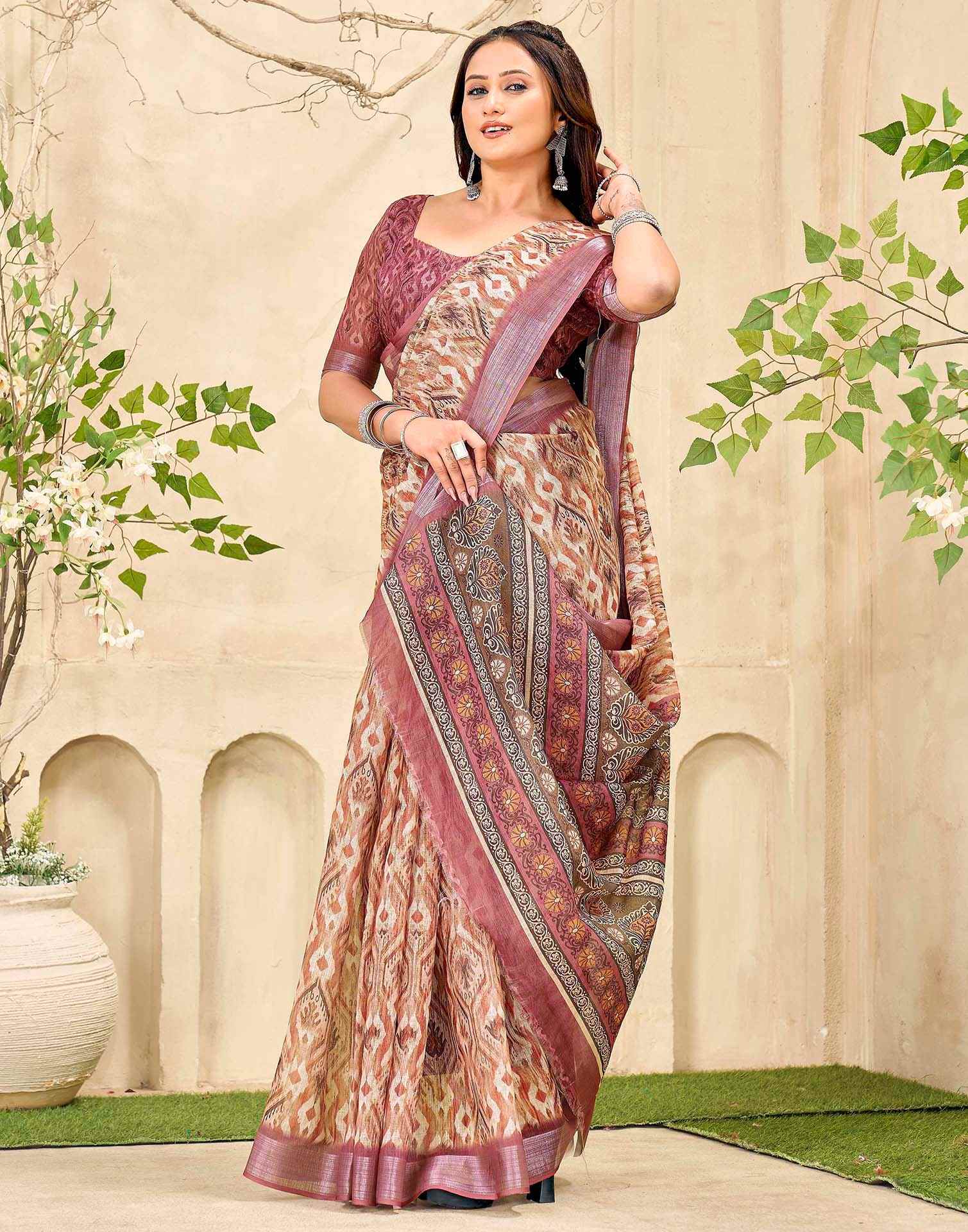 Peach Cotton Printed Saree