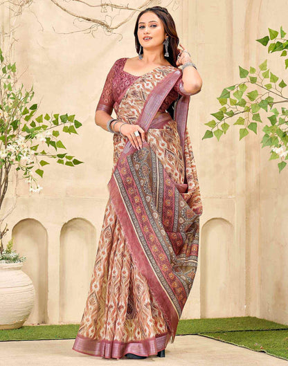 Peach Cotton Printed Saree