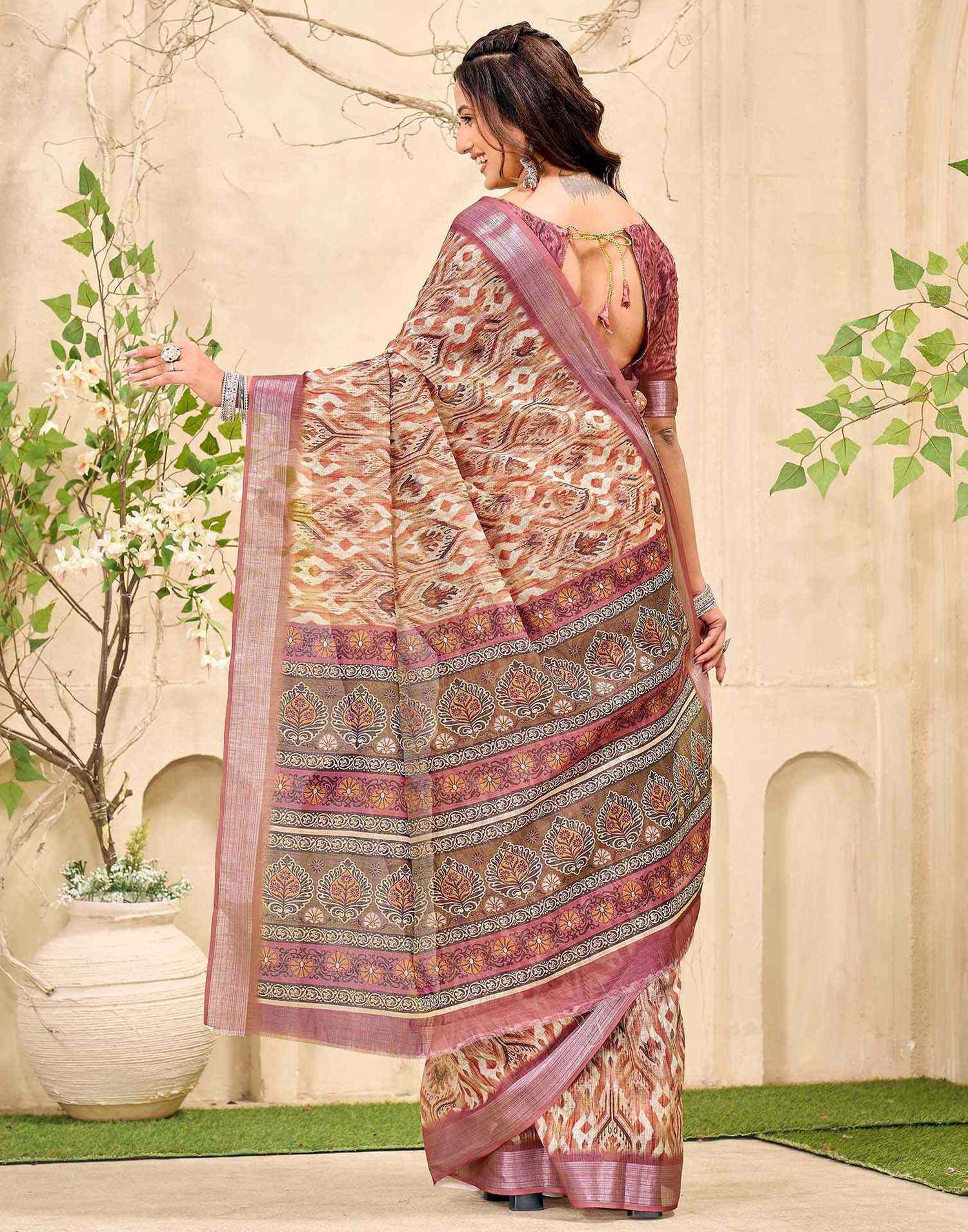 Peach Cotton Printed Saree