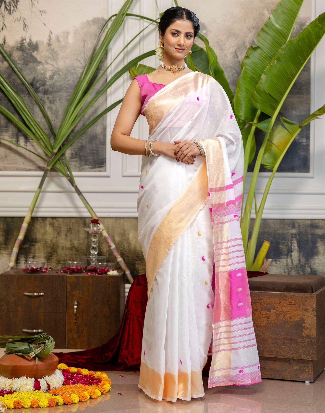 White Linen Woven Saree