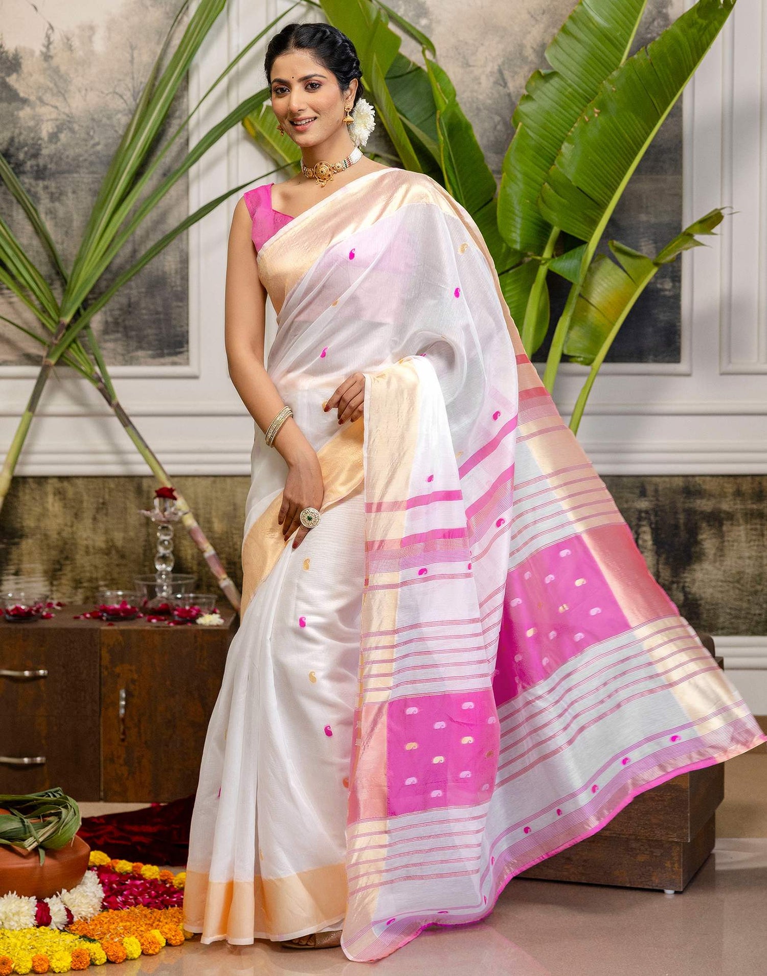 White Linen Woven Saree