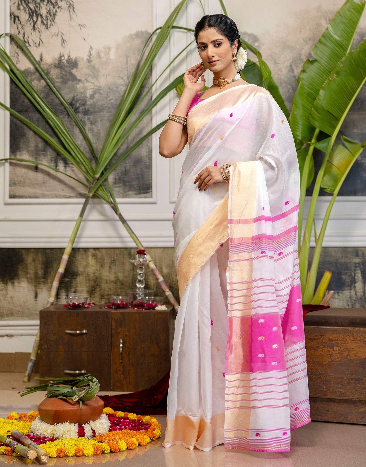 White Linen Woven Saree