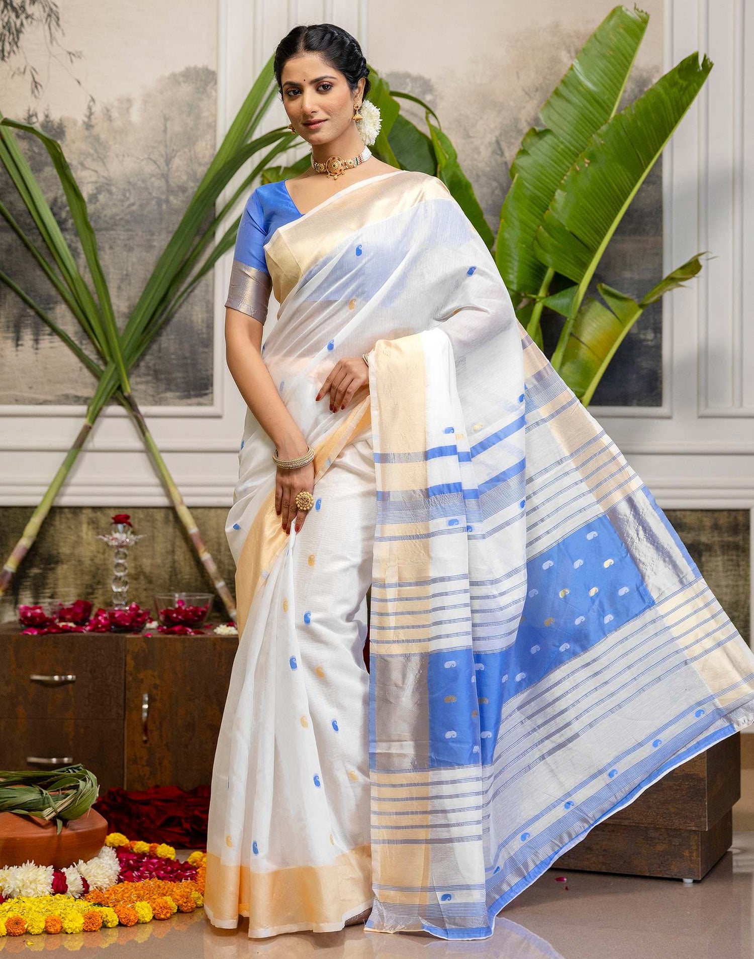 White Linen Woven Saree