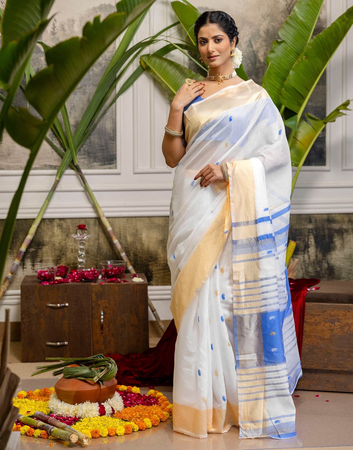 White Linen Woven Saree