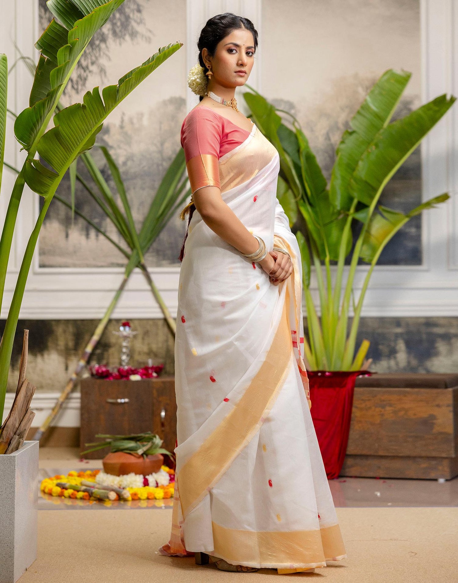 White Linen Woven Saree