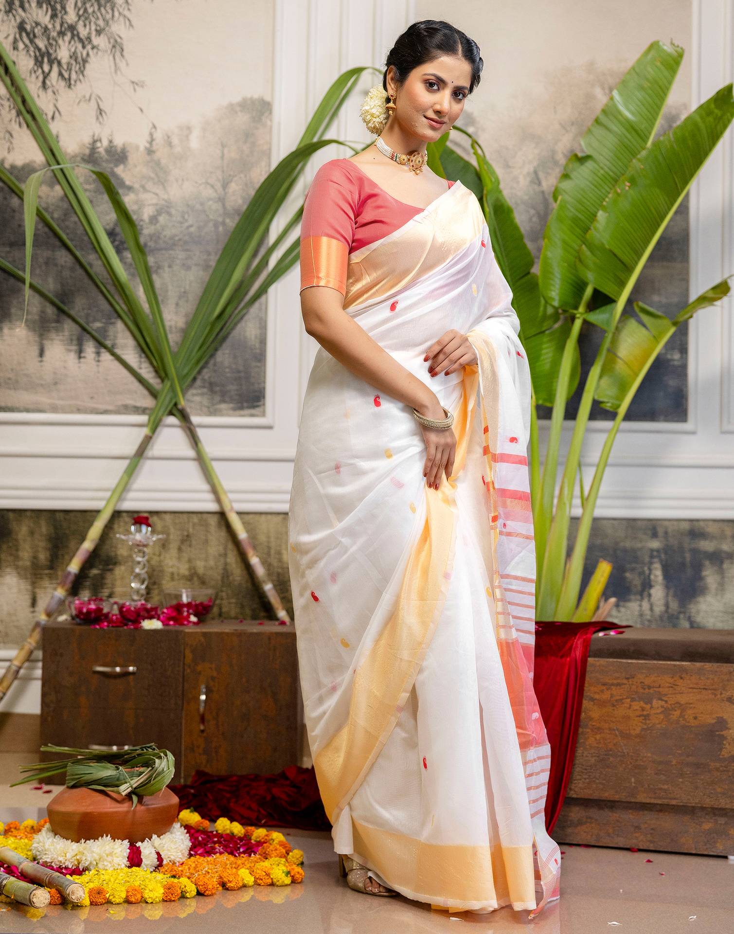 White Linen Woven Saree