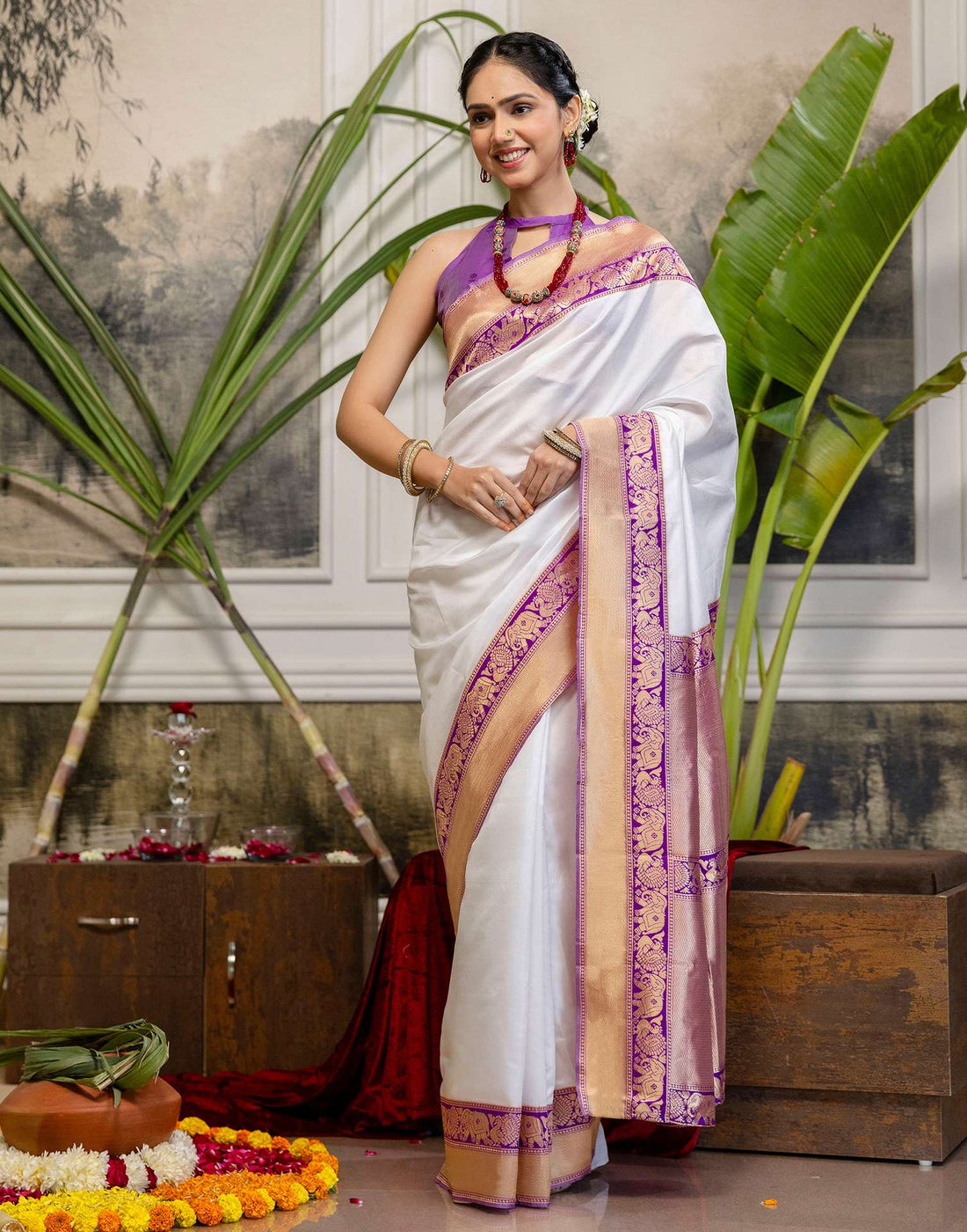 White Silk Woven Kanjivaram Saree