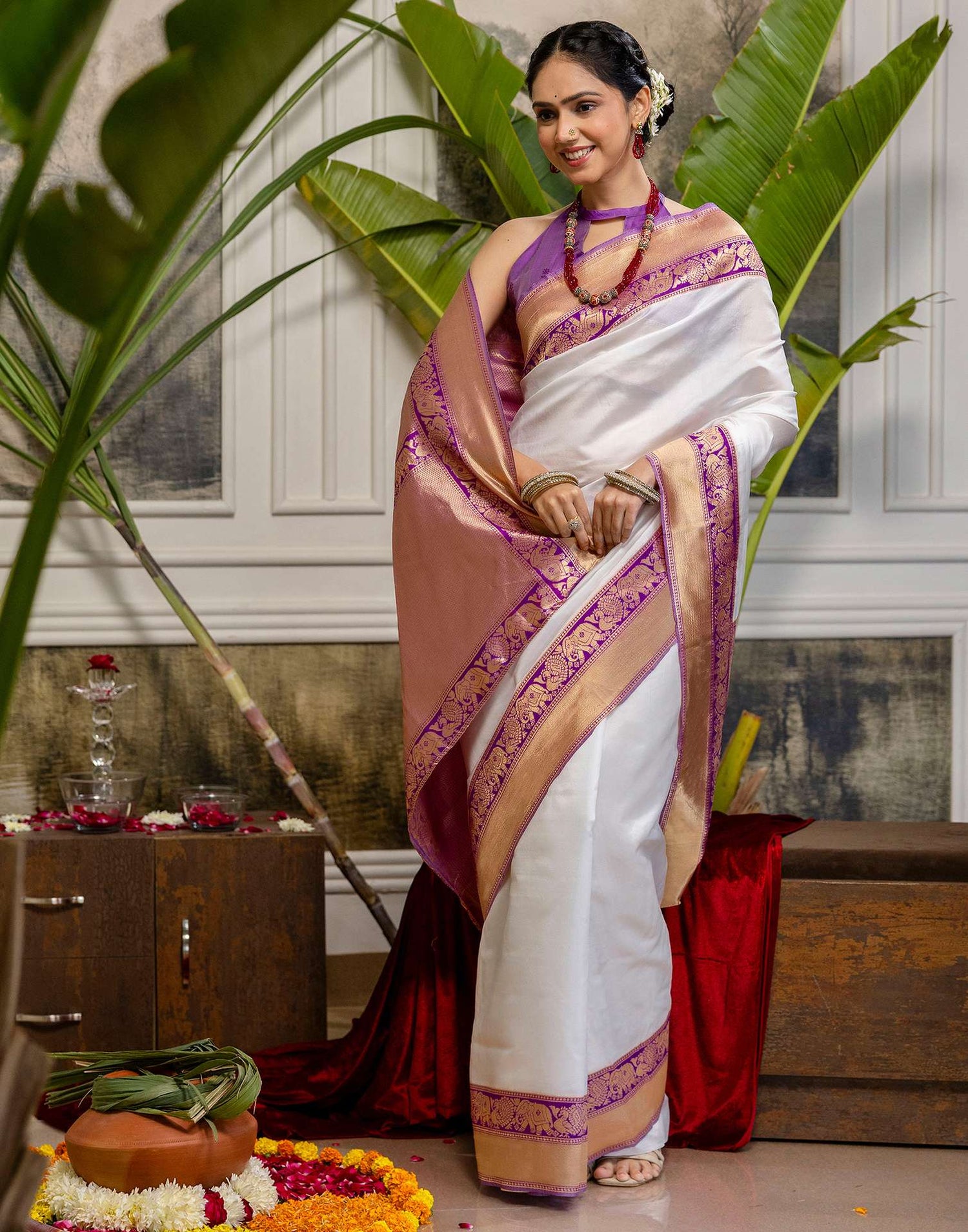 White Silk Woven Kanjivaram Saree