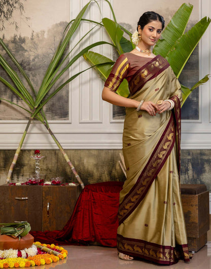 Khaki Silk Woven Kanjivaram Saree