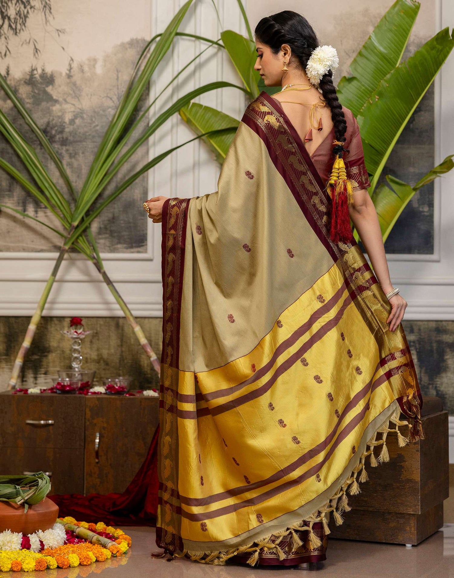 Khaki Silk Woven Kanjivaram Saree