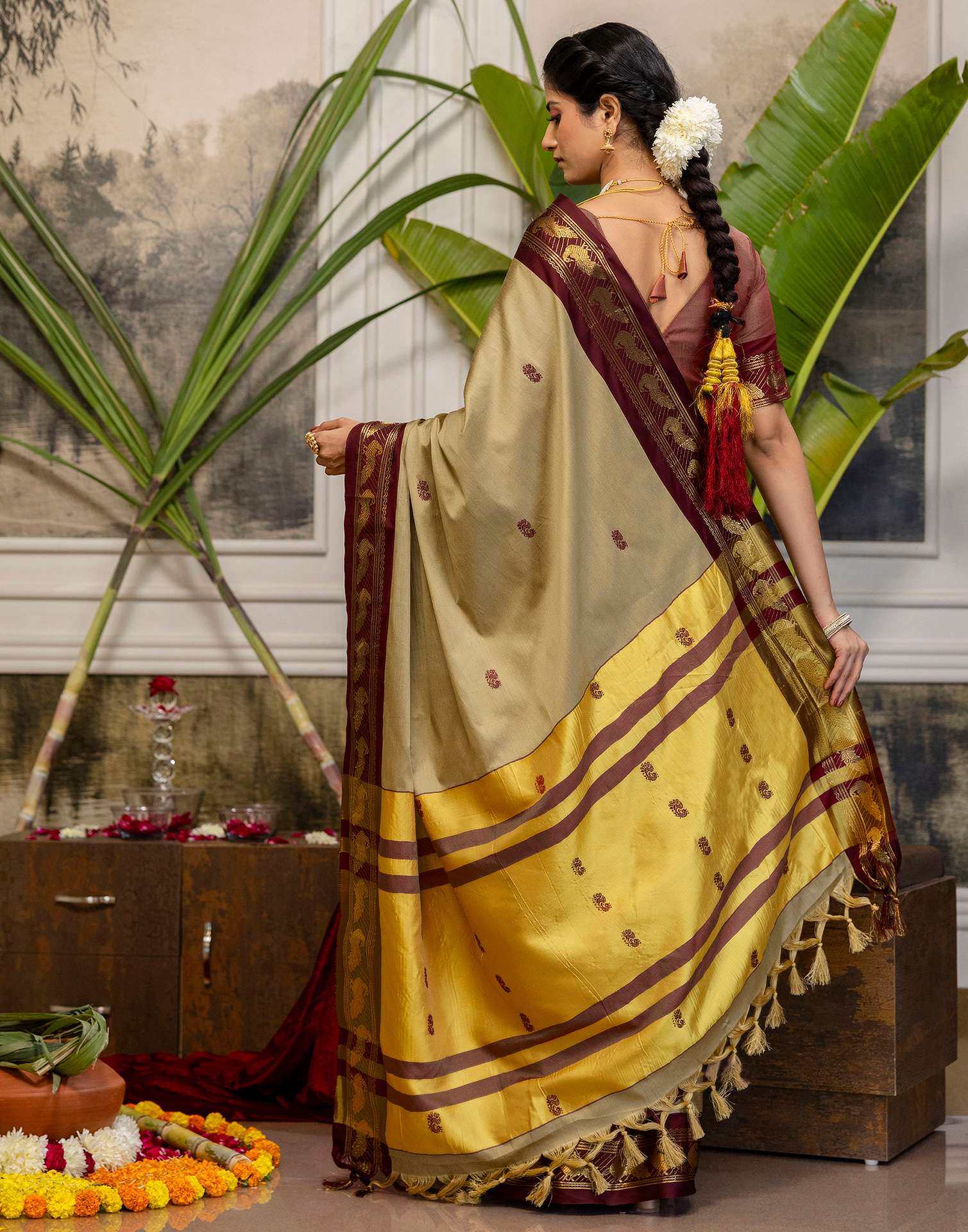 Khaki Silk Woven Kanjivaram Saree