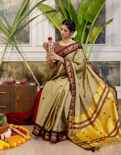 Khaki Silk Woven Kanjivaram Saree