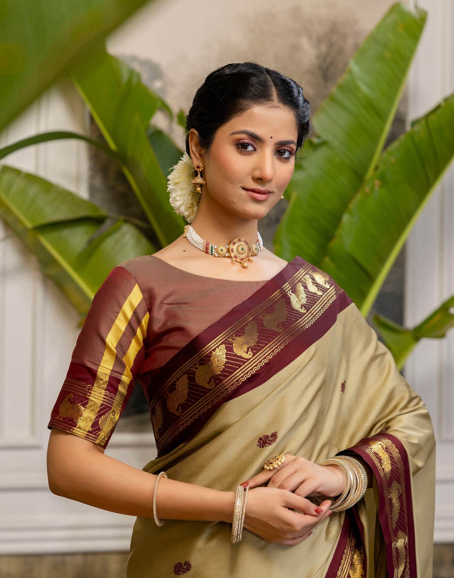 Khaki Silk Woven Kanjivaram Saree