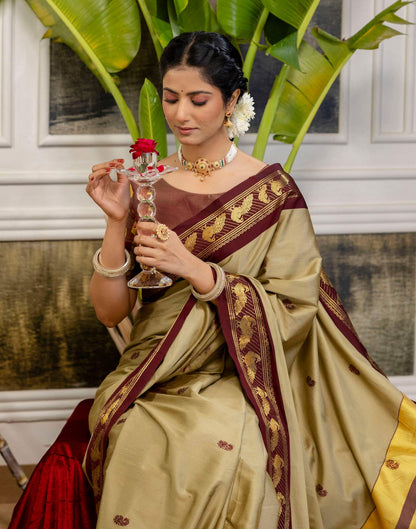Khaki Silk Woven Kanjivaram Saree