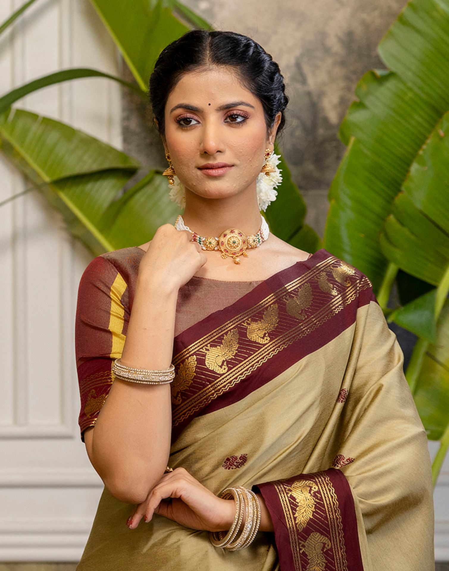 Khaki Silk Woven Kanjivaram Saree