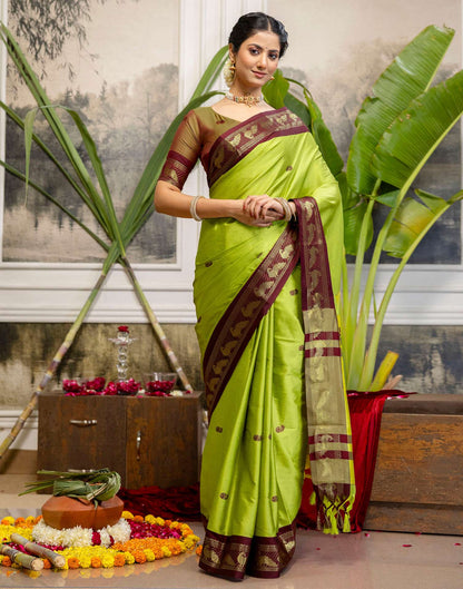Parrot Green Silk Woven Kanjivaram Saree