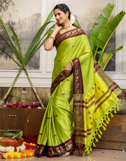 Parrot Green Silk Woven Kanjivaram Saree