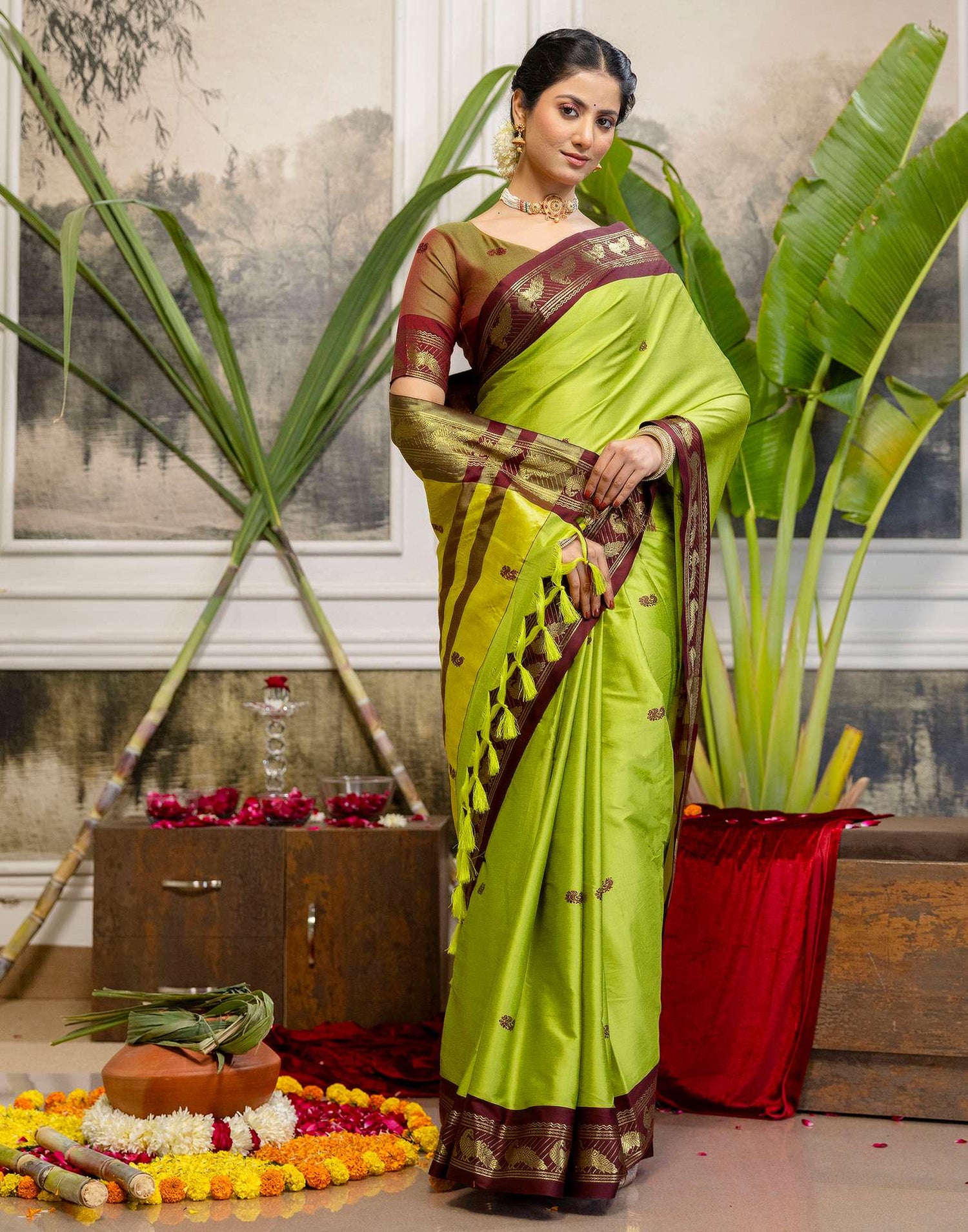 Parrot Green Silk Woven Kanjivaram Saree